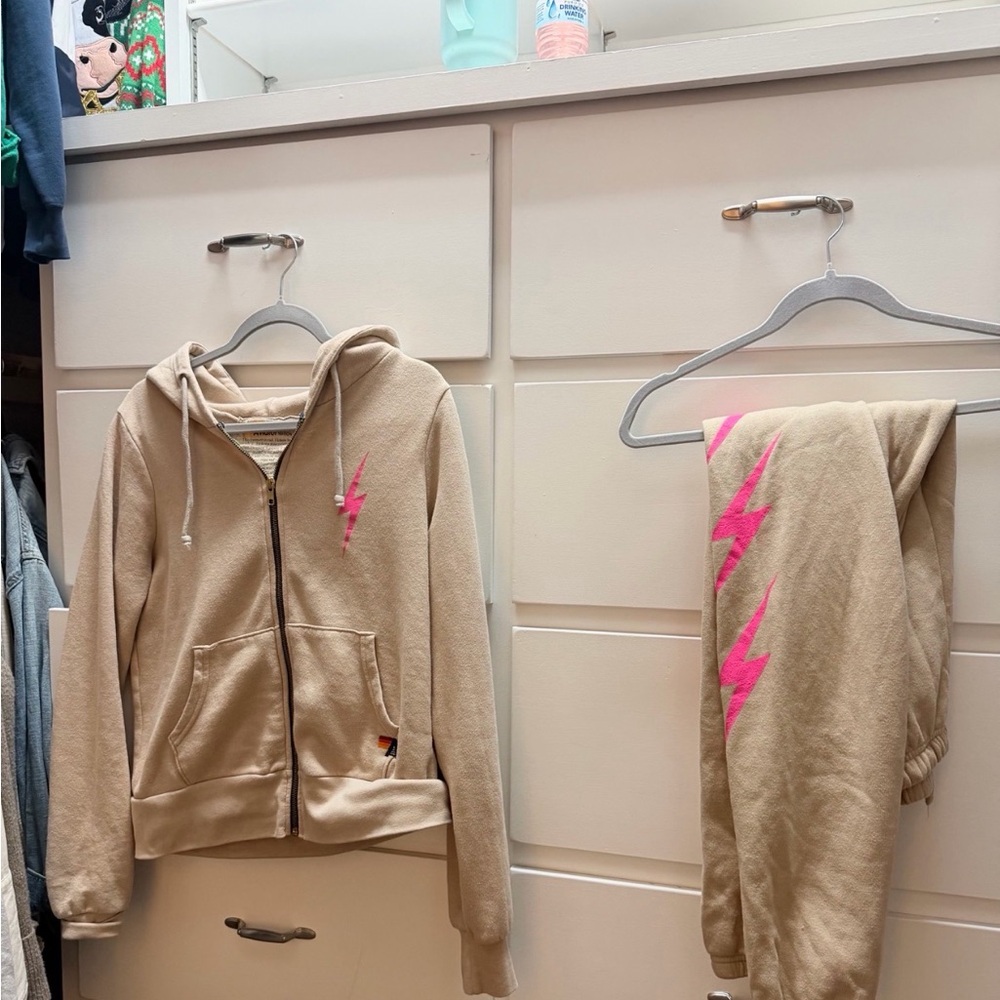 Aviator Nation Tan Jacket with Pink Lightning Bolt